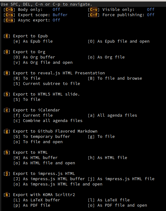 "Capture d'écran de la fenêtre d'aide affichée par org-export-dispatch, listant les formats disponibles"